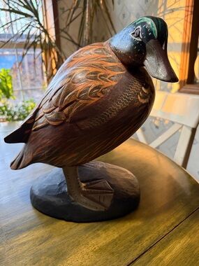 Hand-Carved Wooden Duck Sculpture in Brown and Black